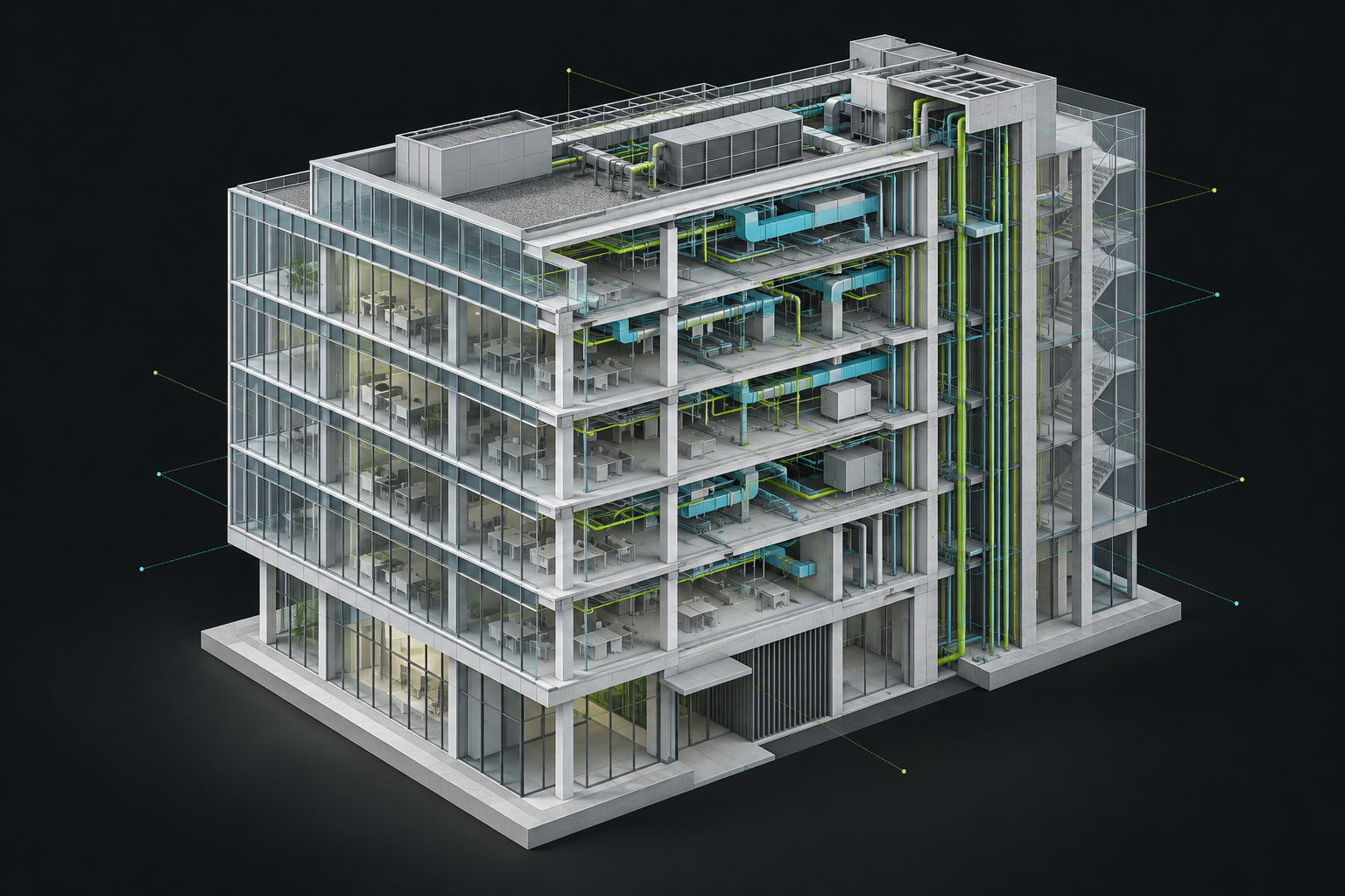 Visual conceptual de un modelo BIM de edificación con estructura e instalaciones coordinadas
